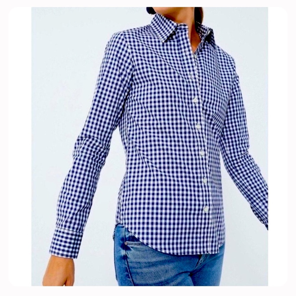UNTUCKit Belleza Womens Button Up Long Sleeve Blue and White Gingham Shirt